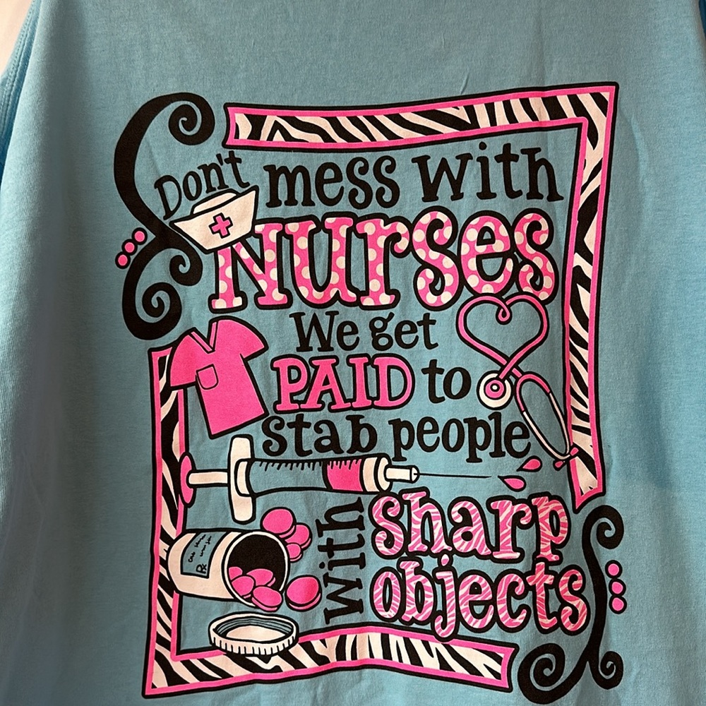 COUTURE TEE COMPANY “NURSE” T-SHIRT. Size 2 XL. Light blue, pink/black. VGUC